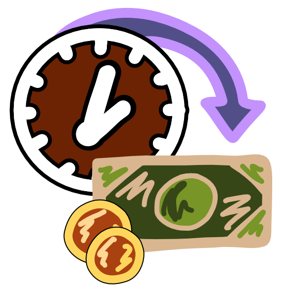 A brown clock with a curved purple arrow coming out from behind it points to some green money and gold coins. The image has dark line art.